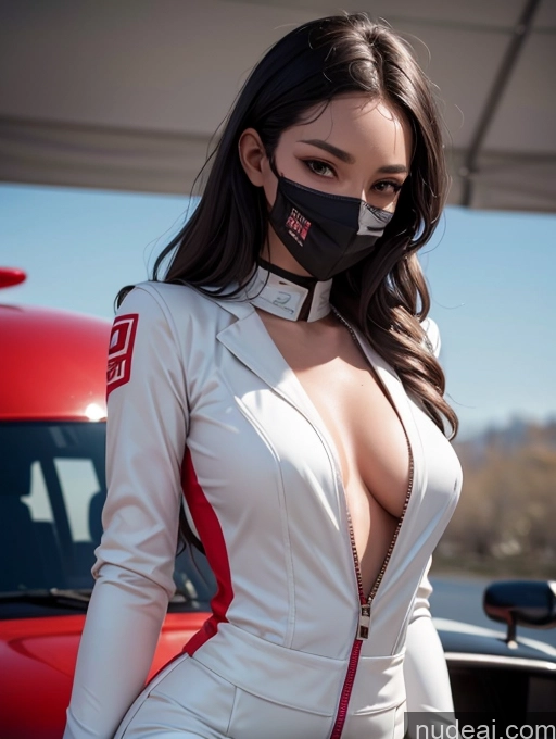 ai nude image of a close up of a woman in a white suit and a mask pics of One Perfect Boobs Perfect Body 20s Sexy Face Seductive Spanish Skin Detail (beta) Detailed Black Hair Suit Model Serious Race Driver Front View Face Mask Straight