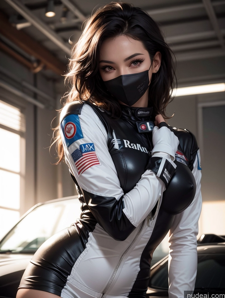 ai nude image of arafed woman in a black and white outfit and a mask pics of One Perfect Boobs Perfect Body 20s Sexy Face Seductive Spanish Skin Detail (beta) Detailed Black Hair Suit Model Serious Race Driver Front View Face Mask Straight