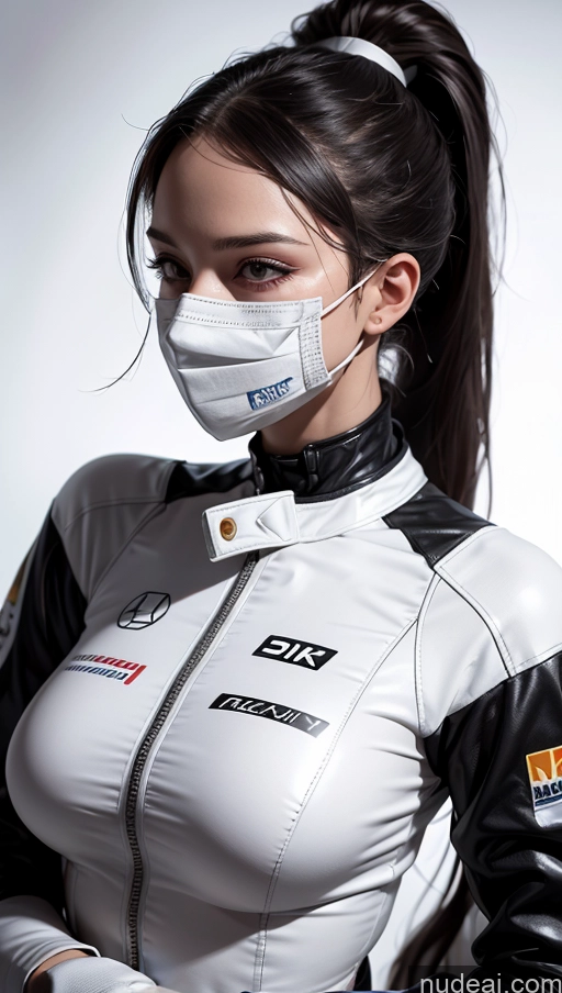 ai nude image of arafed woman in a white and black uniform with a mask on pics of One Perfect Boobs Perfect Body 20s Sexy Face Seductive Spanish Skin Detail (beta) Detailed Suit Model Serious Race Driver Front View Face Mask Ponytail