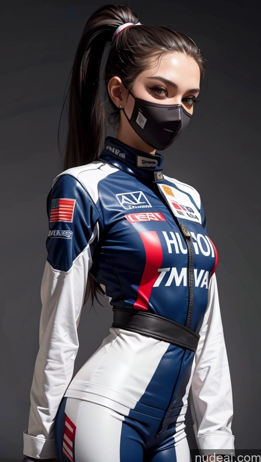 ai nude image of arafed woman in a racing suit with a mask on pics of One Perfect Boobs Perfect Body 20s Sexy Face Seductive Spanish Skin Detail (beta) Detailed Suit Model Serious Race Driver Front View Face Mask Ponytail