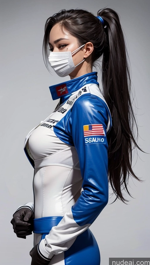 ai nude image of arafed woman in a blue and white uniform with a mask on pics of One Perfect Boobs Perfect Body 20s Sexy Face Seductive Spanish Skin Detail (beta) Detailed Suit Model Serious Race Driver Front View Face Mask Ponytail