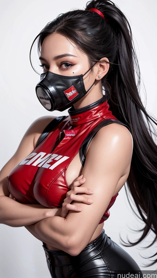 ai nude image of arafed woman in latex with a gas mask and a red top pics of One Perfect Boobs Perfect Body 20s Serious Sexy Face Seductive Black Hair Spanish Skin Detail (beta) Front View Race Driver Model Beautiful Ponytail Face Mask Devil