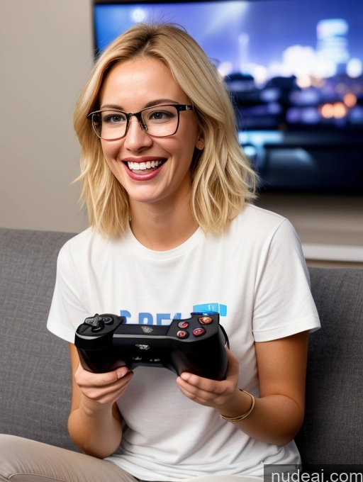 ai nude image of blond woman sitting on a couch holding a game controller pics of One 20s Glasses Blonde Gaming Bright Lighting Couch Laughing Shirt