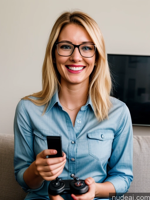 ai nude image of blonde woman sitting on couch holding a camera and smiling pics of One 20s Glasses Blonde Gaming Bright Lighting Couch Shirt Laughing