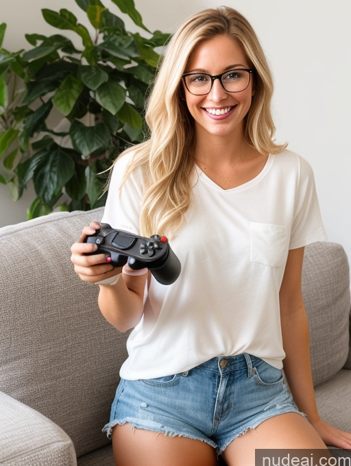 ai nude image of blonde woman sitting on a couch holding a video game controller pics of One 20s Glasses Blonde Bright Lighting Couch Shirt Gaming Short Shorts Happy