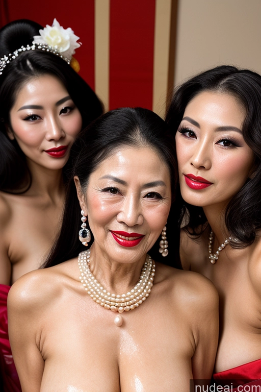 ai nude image of three women in red dresses posing for a picture with pearls on their neck pics of Milf Lipstick Oiled Body Long Hair Cumshot Topless Pearl Jewelry Laughing Chinese Geisha 80s