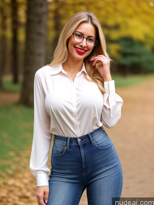 ai nude image of arafed woman in a white shirt and jeans posing for a picture pics of One Busty British Lipstick Glasses Small Ass Long Legs Tall 20s Happy Blonde Long Hair Blouse Jeans Boots