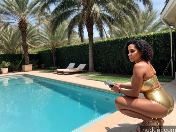 ai nude image of woman in gold bathing suit sitting on a chair by a pool pics of One Milf Huge Boobs Big Hips 80s Jumpsuit Gold Jewelry Mirror Selfie Middle Eastern Black Hair Pubic Hair Back View Cleavage Pouting Lips Curly Hair Pool Squatting