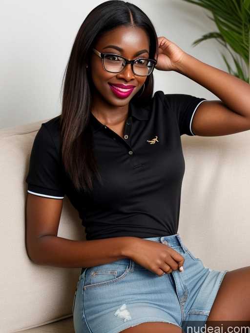 ai nude image of there is a woman sitting on a couch with a pair of glasses on her head pics of Woman Glasses Lipstick 20s Brunette Dark Skin Black Couch Gaming Polo Shirt Jeans Short Shorts Straight Small Ass Pouting Lips Happy