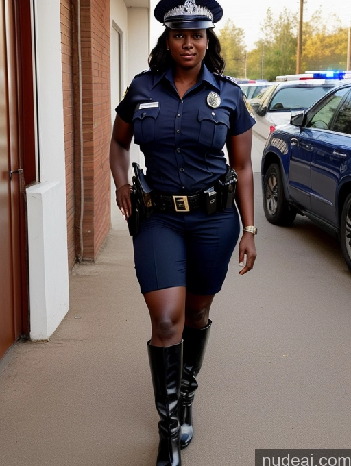 ai nude image of there is a woman in a police uniform walking down the street pics of Busty Perfect Boobs Beautiful Perfect Body Dark Skin 40s Boots Police