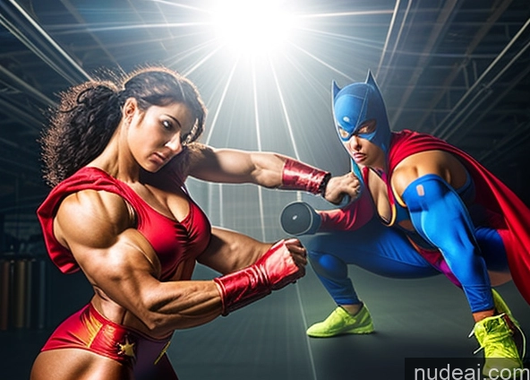 ai nude image of araffe and a woman in a red outfit are posing for a picture pics of Superhero Bodybuilder Busty Abs Muscular Small Tits Powering Up