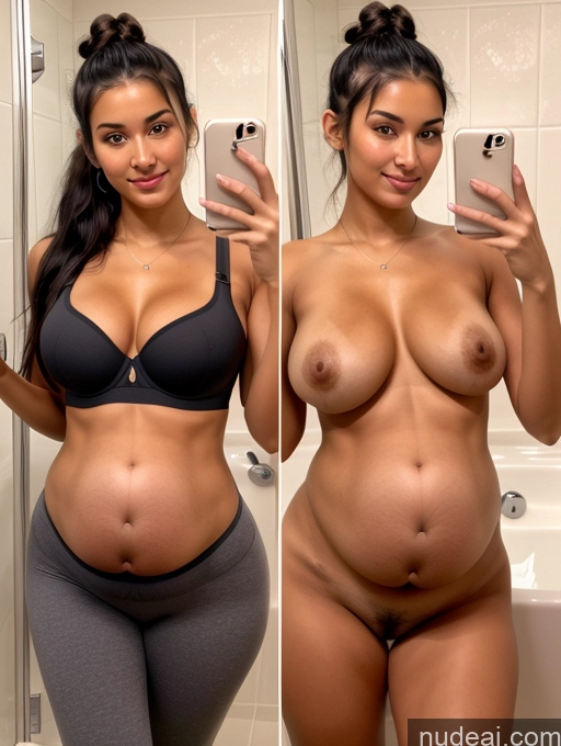 ai nude image of arafed woman taking a selfie in a bathroom with a phone pics of Woman 18 Black Hair Hair Bun Spanish Mirror Selfie Bathroom Perfect Boobs Pregnant Tanned Skin Perfect Body Skinny Sexy Face Pubic Hair Detailed Onoff Bra Yoga Pants