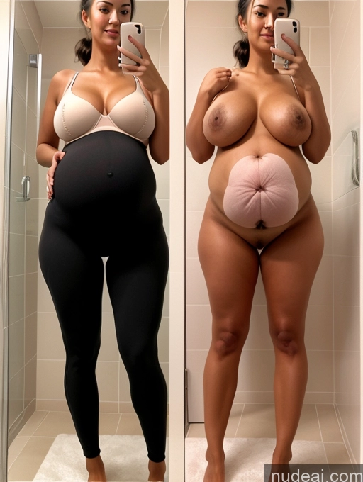 ai nude image of there are two pictures of a woman in a bathroom taking a selfie pics of Woman 18 Black Hair Hair Bun Spanish Mirror Selfie Bathroom Perfect Boobs Pregnant Tanned Skin Perfect Body Skinny Sexy Face Pubic Hair Detailed Onoff Bra Yoga Pants