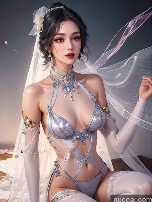 ai nude image of sexy asian woman in lingerie posing on bed with veil pics of Diamond Jewelry Gold Jewelry Pearl Jewelry Transparent Perfect Body Fishnet TangWuTong