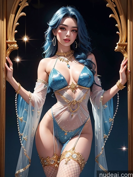 ai nude image of arafed woman in a blue and gold costume posing in a doorway pics of Diamond Jewelry Gold Jewelry Pearl Jewelry Transparent Perfect Body Fishnet Yunxi Blue Hair