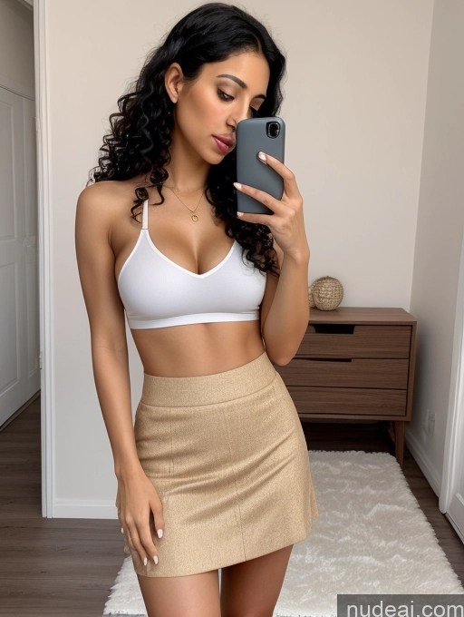 ai nude image of arafed woman in a white bra top and tan skirt taking a selfie pics of Woman One Small Tits Small Ass Beautiful 30s Sexy Face Black Hair Curly Hair Arabic Mirror Selfie Bedroom Front View Micro Skirt