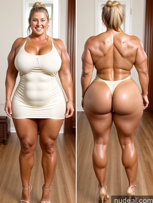 ai nude image of arafed woman in a white dress showing off her big ass pics of Milf 50s Thick Chubby Oiled Body Big Ass Muscular Onoff Dress Blonde Hair Bun Plank High Heels