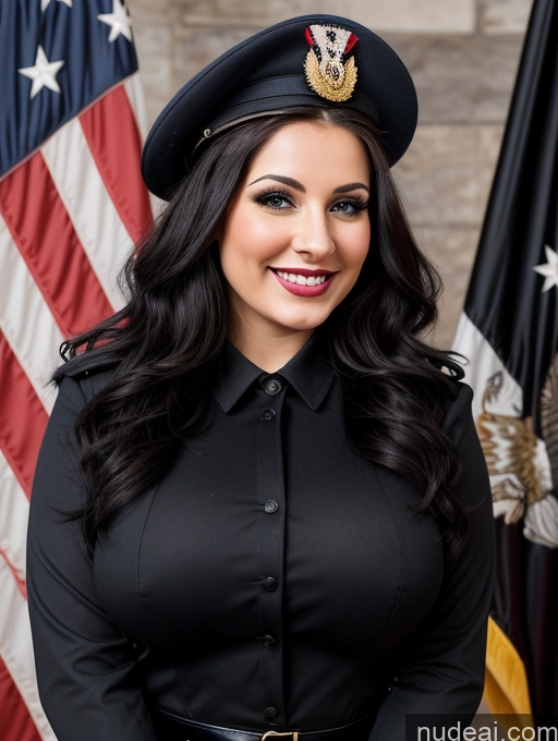 ai nude image of arafed woman in uniform posing for a picture in front of flags pics of Beautiful Happy Brunette Long Hair Woman Busty 20s Goth Military