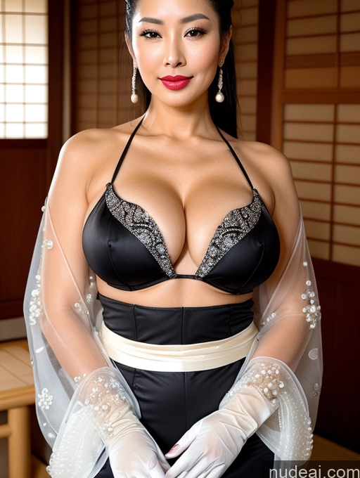 ai nude image of araffed asian woman in a black dress and white gloves pics of Milf Busty Perfect Boobs Lipstick Perfect Body Oiled Body Sexy Face Black Hair Hair Tied Up Japanese Onsen Warm Anime Gloves Kimono High Heels Jewelry Pearl Jewelry Transparent Tanned Skin