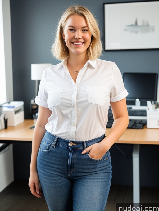 ai nude image of smiling woman in white shirt and jeans standing in front of a desk pics of Woman One Short Small Tits Chubby Big Hips 18 Laughing Blonde Bobcut Scandinavian Film Photo Office Close-up View Shirt Jeans Boots