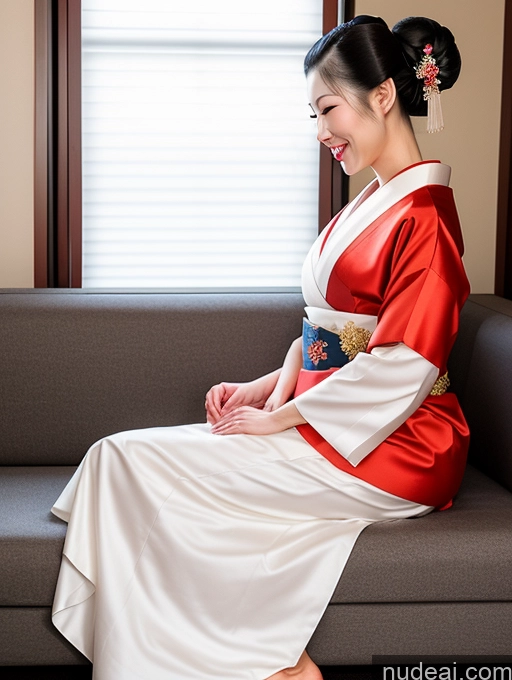 ai nude image of araffe woman in a red and white kimono sitting on a couch pics of Woman One Tall Fairer Skin 40s Laughing Black Hair Long Hair Bright Lighting Detailed Thai Front View T-pose Couch Geisha