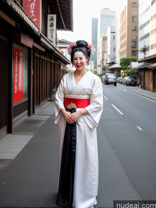 ai nude image of araffe woman in a kimono standing on a street in a city pics of Woman One Tall Fairer Skin 40s Laughing Black Hair Long Hair Bright Lighting Detailed Thai Front View T-pose Geisha Street