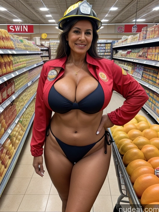 ai nude image of arafed woman in a fireman's uniform posing in a store pics of Busty Huge Boobs 60s Grocery Front View Milf Microkini Thong Firefighter Native American Tanned Skin