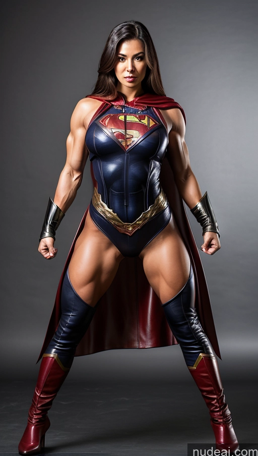 ai nude image of arafed woman in a superman costume posing for a picture pics of Superhero Leather Muscular Busty Abs Superheroine China Dress Of Kisaki (Blue Archive) Powering Up