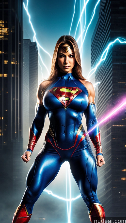 ai nude image of araffe woman in a blue suit with lightning in the background pics of Superhero Heat Vision Muscular Busty Small Tits Abs Science Fiction Style Dynamic View Powering Up