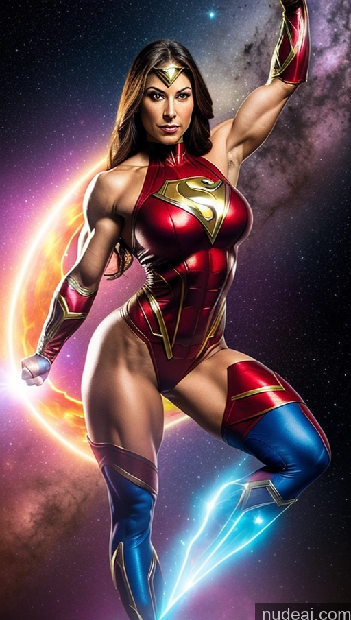 ai nude image of a woman in a red and blue costume is posing for a picture pics of Superhero Heat Vision Muscular Busty Small Tits Abs Powering Up Superheroine Space