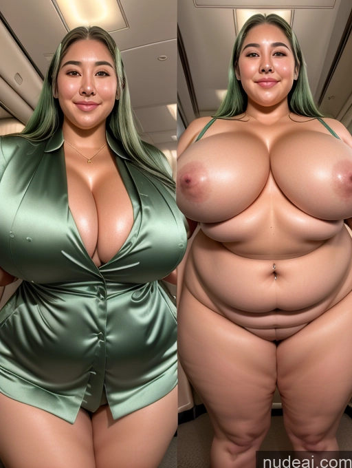 ai nude image of two women in green satin dresses posing for a picture pics of One Busty Huge Boobs Beautiful Thick Chubby Fat Big Hips Oiled Body 30s Happy Green Hair Straight Korean Close-up View Flight Attendant Satin Cleavage Diamond Jewelry Gold Jewelry Pearl Jewelry Onoff