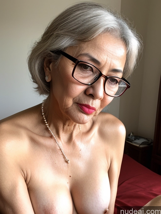 ai nude image of there is a woman with glasses and a necklace on her chest pics of Milf Glasses Lipstick Oiled Body Pouting Lips Cumshot Pearl Jewelry 80s Chinese