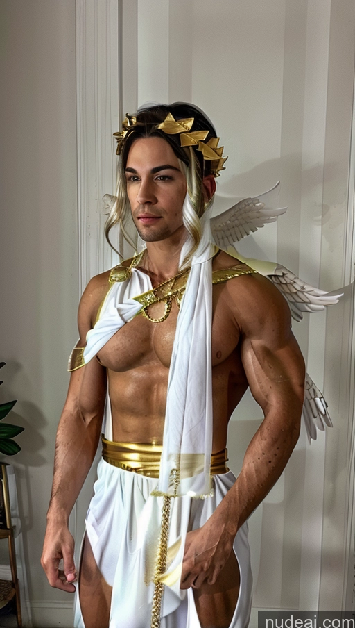 ai nude image of arafed man dressed in a white costume with gold accents pics of Woman Busty Muscular Abs Fairer Skin Green Hair Menstoga, White Robes, In White And Gold Costumem, Gold Headpiece, Gold Belt, Gold Chain Powering Up Long Hair Dynamic View Heat Vision Neon Lights Clothes: Green Angel White