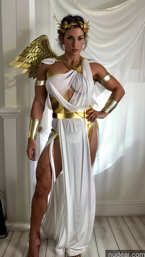 ai nude image of araffe dressed in a white dress with gold wings and a gold belt pics of Woman Busty Muscular Abs Fairer Skin Green Hair Menstoga, White Robes, In White And Gold Costumem, Gold Headpiece, Gold Belt, Gold Chain Powering Up Dynamic View Heat Vision Neon Lights Clothes: Green Angel White Long Hair