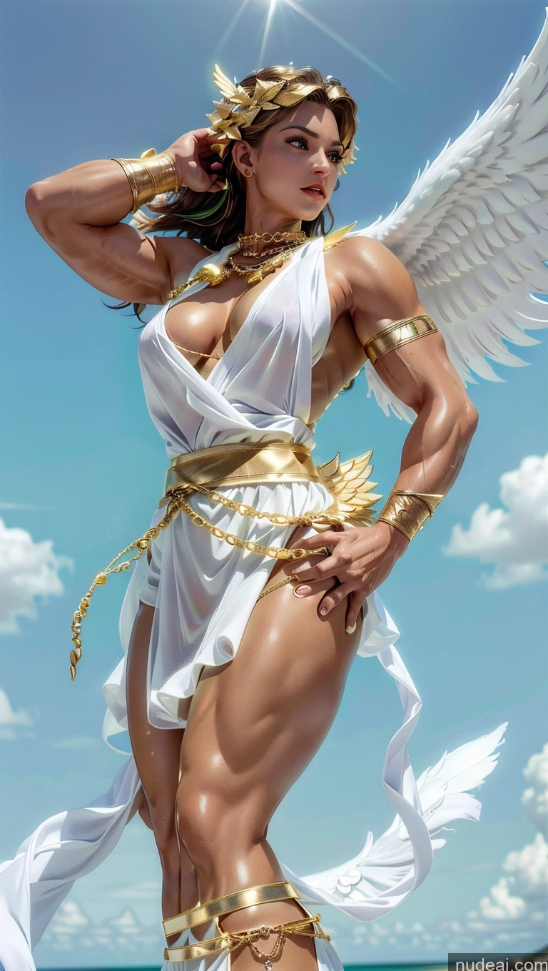 ai nude image of arafed woman in a white dress with wings and gold chains pics of Woman Busty Muscular Abs Fairer Skin Green Hair Menstoga, White Robes, In White And Gold Costumem, Gold Headpiece, Gold Belt, Gold Chain Powering Up Dynamic View Heat Vision Angel White Long Hair Neon Lights Clothes: Green