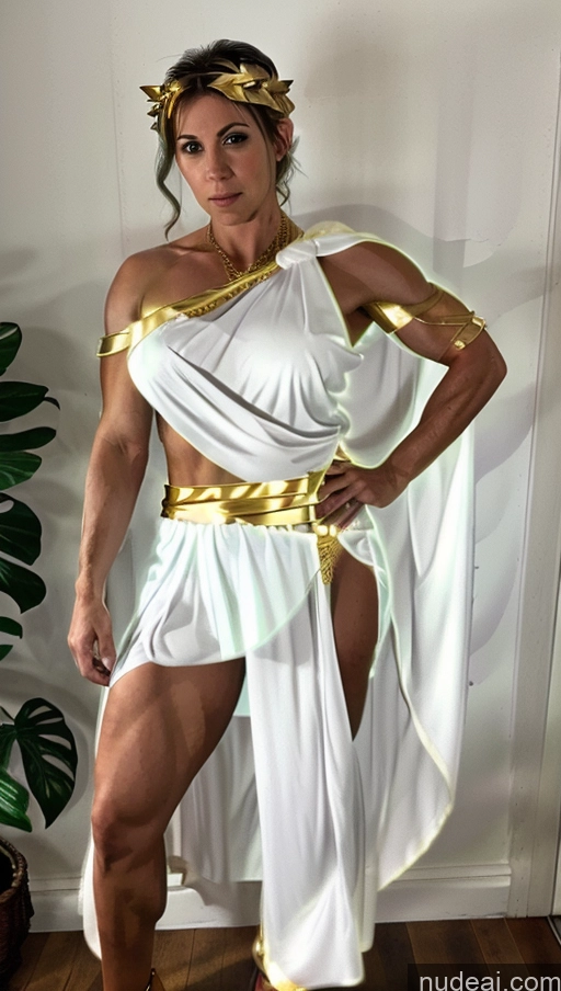 ai nude image of arafed woman in a white dress and gold belt posing for a picture pics of Woman Busty Muscular Abs Fairer Skin Green Hair Menstoga, White Robes, In White And Gold Costumem, Gold Headpiece, Gold Belt, Gold Chain Long Hair Neon Lights Clothes: Green Dynamic View Heat Vision Powering Up