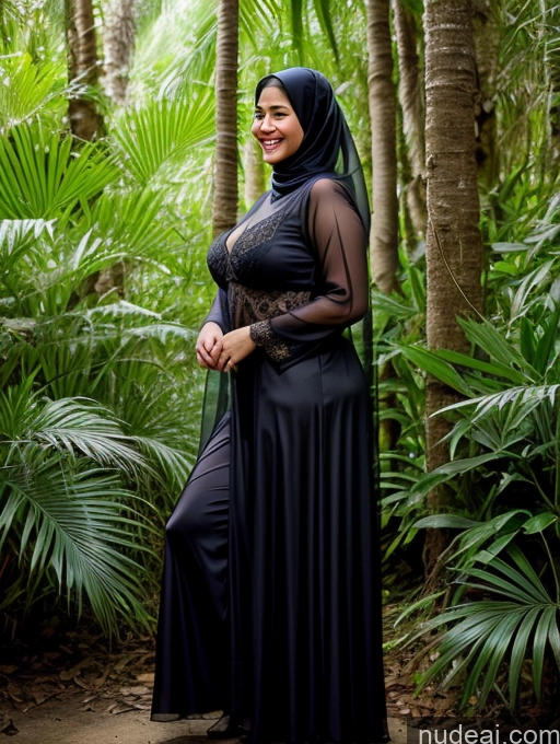 ai nude image of a pregnant woman in a black dress standing in a forest pics of One Chubby Black Hair Malaysian Jungle Busty Niqab Laughing Front View Woman Happy Straight 50s Satin Transparent