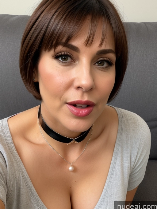 ai nude image of arafed woman with a choke and a necklace on her neck pics of Milf One Busty Lipstick Big Ass Perfect Body 40s Shocked Brunette Short Hair White 3d Couch Close-up View Blowjob Blouse Choker Cleavage Pearl Jewelry