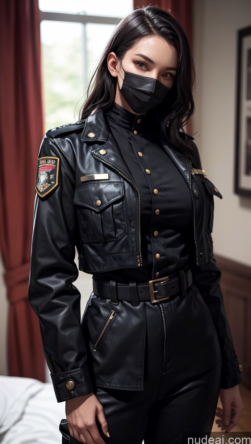 ai nude image of arafed woman in a black leather outfit and mask pics of Model One Perfect Boobs Beautiful Perfect Body 20s Sexy Face Seductive Serious Black Hair Spanish Face Mask Detailed Military Viking Victorian Suit Stylish Police Firefighter Jumpsuit Jacket Long Hair