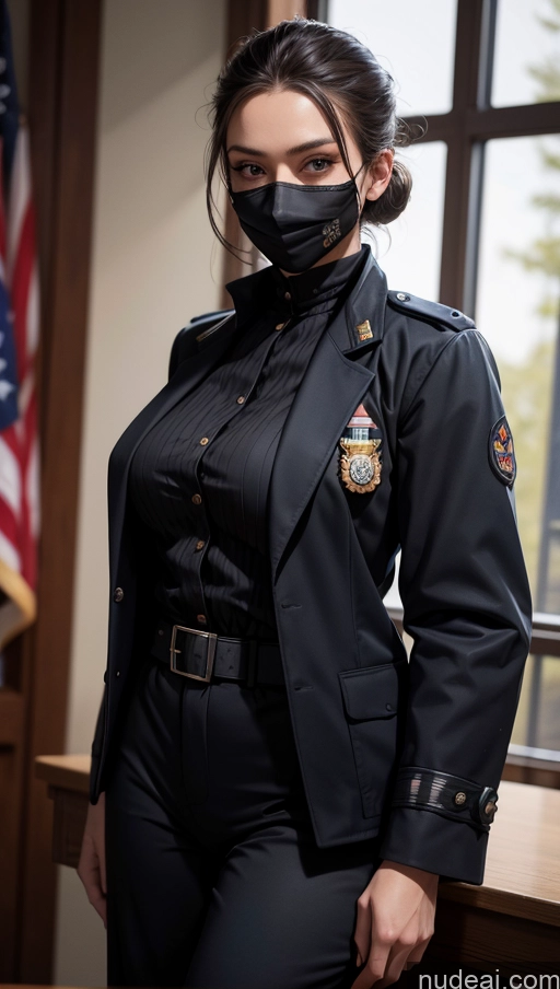 ai nude image of arafed woman in uniform with mask standing in front of a window pics of Model One Beautiful Perfect Body 20s Sexy Face Seductive Serious Black Hair Spanish Face Mask Detailed Military Victorian Suit Stylish Police Firefighter Jumpsuit Jacket Long Hair Perfect Boobs