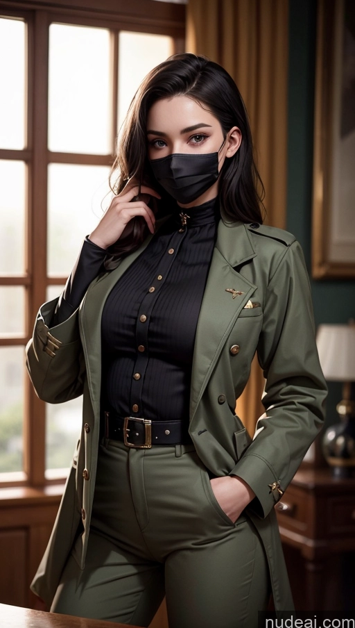 ai nude image of arafed woman in a green jacket and black shirt posing for a picture pics of Model One Beautiful Perfect Body 20s Sexy Face Seductive Serious Black Hair Spanish Face Mask Detailed Military Victorian Suit Stylish Jumpsuit Jacket Perfect Boobs Straight