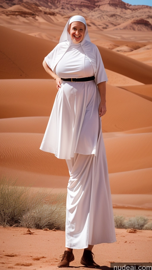 ai nude image of arafed woman in white dress standing in desert area with desert in background pics of One Busty Huge Boobs Perfect Boobs Beautiful Big Ass Thick Big Hips Perfect Body Oiled Body Happy Blonde Short Hair T-pose Irish Vintage Desert Milf Side View 30s Nun