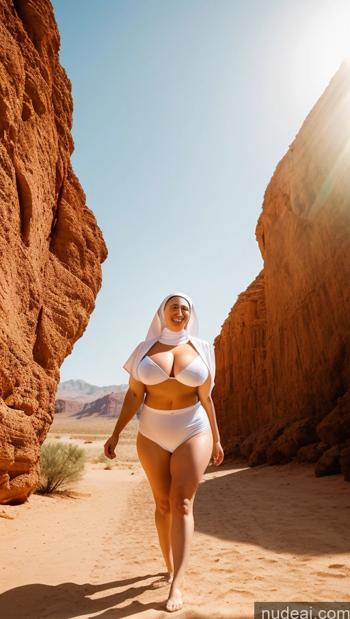 ai nude image of araffe woman in a white bikini walking through a desert pics of One Busty Huge Boobs Perfect Boobs Beautiful Big Ass Thick Big Hips Perfect Body Oiled Body Happy Blonde Short Hair T-pose Irish Vintage Desert Milf 30s Nun Front View