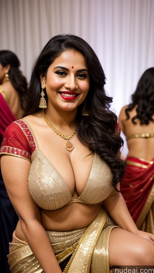 ai nude image of araffe woman in a gold sari posing for a picture pics of Milf Busty Beautiful Lipstick Chubby Thick 20s Happy Seductive Black Hair Long Hair British Party Front View Squatting Sari Cleavage Diamond Jewelry Gold Jewelry Detailed