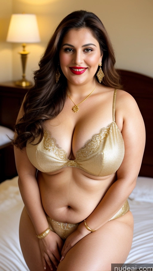 ai nude image of araffe woman in a gold bra top sitting on a bed pics of Milf Busty Beautiful Chubby Thick Big Hips 20s Long Legs Happy Seductive Brunette Long Hair Russian Bedroom Front View Sari Cleavage Detailed Gold Jewelry Diamond Jewelry Lipstick Fairer Skin