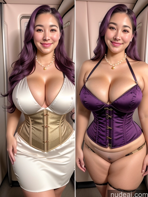 ai nude image of two pictures of a woman in a purple corset and a woman in a white corset pics of One Busty Beautiful Thick Chubby Fat Big Hips 30s Happy Purple Hair Straight Korean Close-up View Scarf Cleavage Diamond Jewelry Gold Jewelry Pearl Jewelry Onoff Flight Attendant Corset