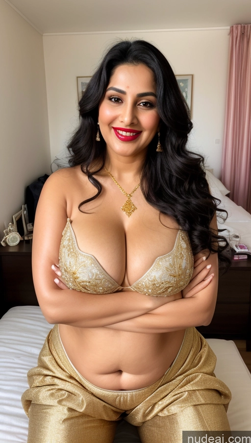 ai nude image of araffed woman in gold pants and a gold bra top pics of Milf Busty Beautiful Lipstick Chubby Thick Big Hips 20s Happy Seductive Black Hair Long Hair Russian Bedroom Front View Squatting Sari Cleavage Diamond Jewelry Gold Jewelry Detailed