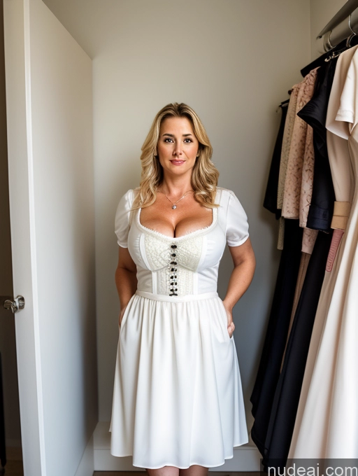 ai nude image of arafed woman in a white dress standing in a closet pics of Milf Busty Fat Big Hips Big Ass Beautiful Pubic Hair Fairer Skin Serious Blonde Long Hair German Soft + Warm Changing Room Dirndl Detailed 60s