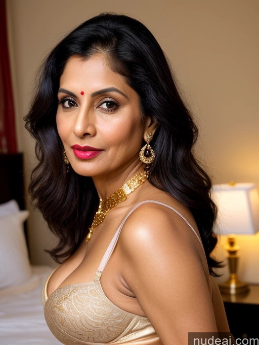 ai nude image of there is a woman in a bra top posing for a picture pics of Milf Busty Beautiful Lipstick Big Ass Fairer Skin 50s Pouting Lips Black Hair Long Hair Indian Bedroom Bra Sari Jewelry Gold Jewelry Bright Lighting Detailed Seductive Sexy Face Front View