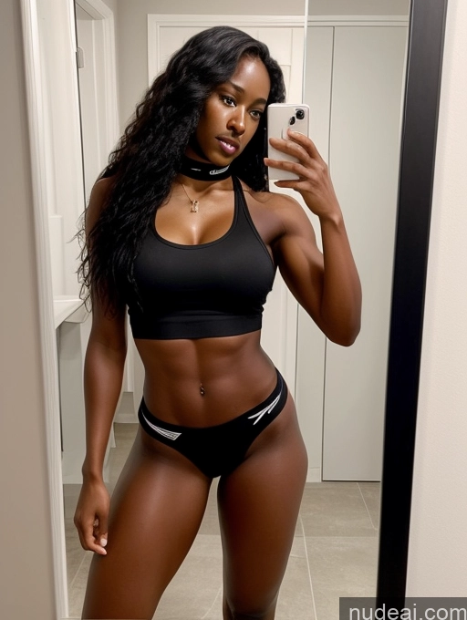 ai nude image of there is a woman taking a selfie in a mirror pics of Athlete One Busty Muscular Long Legs Perfect Body Dark Skin 20s Serious Black Hair Long Hair African Mirror Selfie Bathroom Front View Working Out Nude Choker High Socks